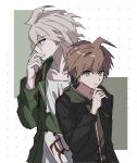  2boys aemono_(lemolemo_lmn) ahoge black_jacket brown_background brown_hair closed_mouth danganronpa:_trigger_happy_havoc danganronpa_(series) danganronpa_2:_goodbye_despair frown green_background green_hoodie green_jacket grey_hair hand_on_own_chin hand_up highres hood hood_down hoodie jacket komaeda_nagito long_sleeves male_focus medium_hair multiple_boys naegi_makoto open_clothes open_jacket print_shirt profile shirt short_hair upper_body white_shirt 