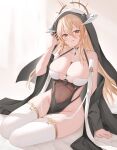 1girl absurdres azur_lane bare_shoulders blonde_hair breast_cutout breasts cleavage doraski fake_horns habit hair_between_eyes hand_in_own_hair highres horns implacable_(azur_lane) large_breasts long_bangs long_hair looking_at_viewer naughty_face nun pelvic_curtain red_eyes revealing_clothes see-through solo thighhighs two-tone_dress veil white_horns white_thighhighs 