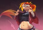  2023 anthro breasts clothed clothing digital_media_(artwork) dinosaur eyebrows eyelashes female hair kyander midriff navel non-mammal_breasts orange_hair red_eyes red_hair reptile scalie smile solo teeth 