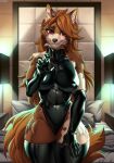  anthro bed breasts brown_body brown_fur canid canine clothing female fluffy fluffy_tail fur furniture gloves handwear hi_res kuroame latex_gloves latex_stockings looking_at_viewer mammal red_eyes rubber rubber_clothing solo tail 