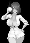  1girl artist_name brassica breasts buttons cleavage collarbone collared_shirt commission cowboy_shot cup greyscale hair_over_one_eye hand_on_own_hip holding holding_cup large_breasts monochrome no_pants original partially_unbuttoned shirt short_hair sleeves_rolled_up solo white_shirt 