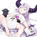 1girl absurdres ahoge alternate_costume barefoot black_horns braid braided_bangs closed_eyes crow_(la+_darknesss) food food_on_clothes food_on_face grey_hair highres hololive horns la+_darknesss long_hair long_shirt lying multicolored_hair omochi_art753 on_back pointy_ears purple_hair shirt snack soda_bottle streaked_hair striped_horns t-shirt toes virtual_youtuber yellow_eyes 