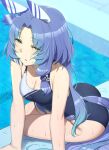  1girl abmayo animal_ears aqua_eyes ass blue_hair breasts cleavage competition_swimsuit ear_covers godolphin_barb_(umamusume) half-closed_eyes highres horse_ears horse_girl horse_tail long_hair looking_at_viewer medium_breasts one-piece_swimsuit poolside solo swimsuit tail umamusume water wet 