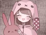  animal_ears animal_hood blush brown_hair button_eyes cosplay curly_hair fang hood hoodie kigurumi oyumeno pink_hoodie rabbit_ears rabbit_hood seams skin_fang stuffed_animal stuffed_toy 