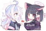  2girls ahoge black_hair black_jacket black_neckerchief blue_archive blue_eyes blush candy character_name closed_mouth colored_inner_hair food grey_jacket halo holding holding_candy holding_food hood hooded_jacket jacket kazusa_(blue_archive) kotatu_(akaki01aoki00) long_hair long_sleeves multicolored_hair multiple_girls neckerchief open_mouth pink_hair pink_halo purple_hair red_eyes reisa_(blue_archive) short_hair simple_background twintails two-tone_hair white_background 