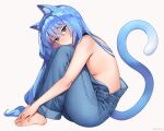  1girl animal_ear_fluff animal_ears bare_arms bare_shoulders barefoot blue_eyes blue_hair blush breasts cat_ears cat_girl cat_tail commentary english_commentary full_body hair_between_eyes hands_on_own_feet iwbitu large_breasts long_hair looking_at_viewer naked_overalls original overalls sideboob simple_background sitting smile solo tail twitter_username very_long_hair white_background 