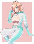  1girl belt biker_clothes biker_rosalina bikesuit blonde_hair blue_eyes bodysuit border breasts breasts_out cleavage crown gloves green_gloves green_scarf hair_over_one_eye large_breasts long_hair looking_at_viewer mario_(series) mario_kart navel paid_reward_available pink_background rosalina scarf simple_background skin_tight solo unzipped volyz white_border 