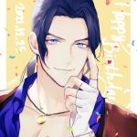  1boy artist_name blue_eyes blue_hair blue_shirt closed_mouth collarbone collared_shirt confetti dated english_text fingerless_gloves gloves hand_on_own_face happy_birthday jewelry long_hair male_focus mmts_g necklace pectoral_cleavage pectorals robert_garcia shirt smile solo the_king_of_fighters the_king_of_fighters_for_girls 