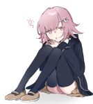  1girl :o ass black_thighhighs breasts brown_footwear danganronpa_(series) danganronpa_2:_goodbye_despair drooling flipped_hair hair_ornament highres hood hood_down jacket knees_up kumori_(kuuuuumoyu) long_sleeves looking_at_viewer medium_hair nanami_chiaki panties pink_eyes pink_hair pink_panties ribbon shirt simple_background skirt solo thighhighs underwear white_background white_shirt 