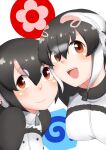  2girls african_penguin_(kemono_friends) black_hair closed_mouth hair_between_eyes headphones highres hitonoko hood hoodie humboldt_penguin_(kemono_friends) kemono_friends long_hair looking_at_viewer multicolored_hair multiple_girls open_mouth penguin_girl pink_hair red_eyes short_hair simple_background smile upper_body white_hair 