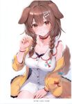  1girl absurdres animal_ears bare_shoulders blush bone_hair_ornament bracelet braid breasts brown_eyes brown_hair buttons choker cleavage closed_mouth coat collarbone dog_ears dog_tail dress hair_ornament hairclip hand_up highres hololive inugami_korone jewelry long_hair looking_at_viewer medium_breasts off_shoulder open_clothes open_coat scan short_dress simple_background sitting tail twin_braids twintails virtual_youtuber watao 