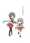  2girls black_pantyhose blue_sailor_collar gloves green_eyes green_hair grey_hair harukaze_unipo hat height_difference highres kantai_collection layered_sleeves long_hair low_ponytail low_twintails mikura_(kancolle) multiple_girls noumi_(kancolle) pantyhose pleated_skirt puffy_short_sleeves puffy_sleeves red_eyes red_skirt sailor_collar sailor_hat sailor_shirt shirt short_sleeves simple_background skirt socks translation_request twintails undershirt white_background white_gloves white_headwear white_shirt white_socks 