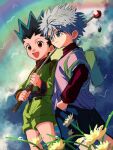  2boys backpack bag black_hair blue_eyes brown_eyes fishing_rod gon_freecss green_footwear green_jacket green_shorts hands_in_pockets highres holding holding_fishing_rod hunter_x_hunter jacket killua_zoldyck layered_sleeves long_sleeves male_child male_focus multiple_boys outdoors rainbow shirt short_hair short_over_long_sleeves short_sleeves shorts smile spiked_hair thicopoyo white_hair white_shirt 