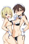  2girls absurdres areola_slip ass bikini blonde_hair blue_eyes blush breasts brown_eyes brown_hair buta-don cleavage closed_mouth erica_hartmann gertrud_barkhorn gloves heart highres large_breasts long_hair looking_at_viewer maid maid_bikini maid_headdress medium_breasts multiple_girls navel one_eye_closed short_hair side-tie_bikini_bottom simple_background strike_witches swimsuit unconventional_maid white_background white_gloves world_witches_series 