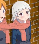  2girls against_wall arashi_chisato blunt_bangs blush brick_wall checkered_clothes checkered_scarf closed_mouth commentary_request hair_down highres long_hair love_live! love_live!_superstar!! medium_hair multiple_girls open_mouth orange_hair orange_scarf purple_eyes red_eyes scarf school_uniform shared_clothes shared_scarf shibuya_kanon smile tottsan white_hair yuigaoka_school_uniform yuri 