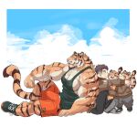  abs anthro back_to_back big_bulge big_muscles big_pecs blush bottomwear brown_hair bulge chan_kiti_chan_(artist) clothing family father father_and_child father_and_son felid fur group hair hi_res human human_on_anthro interspecies larger_anthro larger_male lying male male/male mammal multicolored_body multicolored_fur muscular muscular_anthro muscular_male orange_body orange_fur pantherine parent parent_and_child pecs shirt shorts shows size_difference smaller_anthro smaller_human smaller_male son striped_body striped_fur stripes tank_top tiger topwear white_body white_fur 