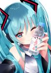  1girl absurdres bangs blue_eyes blue_hair blush bottle collared_shirt detached_sleeves drink evian hair_ornament hair_over_shoulder hatsune_miku headphones highres holding holding_bottle holding_drink koyubisennti long_hair long_sleeves looking_at_viewer nail_polish necktie object_to_cheek one_eye_closed power_symbol-shaped_pupils shirt sleeveless sleeveless_shirt smile solo twintails vocaloid water_bottle wide_sleeves 