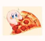  1boy alien blue_eyes blush cheese eating food guarani_(muku_6930) kirby kirby_(series) pepperoni pizza simple_background 
