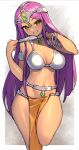  1girl armor belt bikini_armor blush breasts brown_eyes cleavage commentary_request dragon_quest dragon_quest_iv grin headgear highres itsumo_nokoru loincloth long_hair looking_at_viewer manya_(dq4) navel partial_commentary purple_hair smile solo 