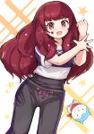  1girl :o black_undershirt facial_mark fire_emblem fire_emblem_engage hair_ornament highres kutabireta_neko long_hair looking_at_viewer official_alternate_costume open_mouth pants red_eyes red_hair solo sommie_(fire_emblem) star_(symbol) star_hair_ornament sweatpants training_outfit_(fire_emblem_engage) undershirt workout_clothes yunaka_(fire_emblem) 
