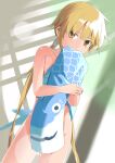  1girl absurdres blonde_hair covering haida_katsuretsu highres holding kantai_collection koinobori long_hair nude satsuki_(kancolle) solo sunlight twintails windsock yellow_eyes 