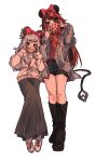 2girls :d absurdres alternate_costume amaotome and_uge black_footwear black_hair black_shorts black_skirt blue_eyes blunt_bangs blush boots bow commentary demon_girl demon_horns demon_tail finger_cots full_body grey_hair grey_shirt grey_sweater hair_bow highres horns long_hair long_skirt long_sleeves looking_at_viewer medium_bangs minnie_mouse_ears multicolored_hair multiple_girls nanashi_inc. open_clothes open_mouth open_shirt plaid plaid_shirt pointy_ears red_bow red_hair red_shirt ryugasaki_rene shirt shorts simple_background skirt smile sweater tail thick_eyebrows two-tone_hair virtual_youtuber white_background 