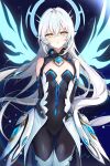  1girl android arms_behind_back ass_visible_through_thighs black_bodysuit bodysuit breasts chest_jewel clothing_cutout code:_sariel_(elsword) earrings electricity elsword eve_(elsword) facial_mark hair_between_eyes hair_intakes highres jewelry long_hair looking_at_viewer robot_ears shoulder_cutout shrug_(clothing) small_breasts solo tanjel very_long_hair white_hair wings yellow_eyes 