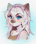  anthro artist_name blue_eyes blush bust_portrait digital_media_(artwork) domestic_cat ear_piercing eyebrow_through_hair eyebrows eyelashes facial_blush felid feline felis female fur hair hi_res iivochka long_hair looking_at_viewer mammal piercing portrait shaded simple_background snout solo translucent translucent_hair white_body white_fur white_hair 