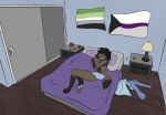  anonymous_artist anthro aromantic_pride_colors canid canine demisexual_pride_colors exercise_clothing female hi_res johanna_koch lgbt_pride mammal maned_wolf messy_room pawpads plushie pride_colors relaxed_expression relaxing sleeping slim solo tall_female 