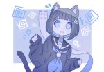  1girl @_@ ^^^ animal_ears black_cardigan black_hair blue_background blue_eyes blue_hair blue_neckerchief blue_theme blunt_bangs blunt_ends blush bob_cut cardigan cat_ears cathead clenched_hands clover clover_hair_ornament colored_inner_hair commentary diamond_(shape) flying_sweatdrops four-leaf_clover four-leaf_clover_hair_ornament furrowed_brow ghost hair_ornament hand_up heart highres light_blush long_sleeves looking_at_viewer multicolored_background multicolored_hair neckerchief no_nose nose_blush omochi_noa original sailor_collar school_uniform serafuku shirt short_hair simple_background sleeves_past_wrists solid_oval_eyes star_(symbol) uniform white_background 