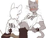  anthro blush clothed clothing domestic_cat duo felid feline felis fur grey_body grey_fur hi_res looking_at_viewer male male/male mammal mao_sugiuri mizune_kobayashi mouse murid murine rodent shoko_contane simple_background size_difference small_dom_big_sub white_body white_fur 