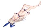  1girl animal_ears bare_shoulders barefoot blonde_hair blue_archive blue_bra blue_hairband blue_panties blue_ribbon bra bra_pull breasts breasts_out closed_mouth clothes_pull collarbone dutch_angle fake_animal_ears full_body hairband knee_up large_breasts long_hair looking_at_viewer lying navel nipples on_back panties panty_pull pussy pussy_juice pussy_juice_trail rabbit_ears ribbon sakura_rock side-tie_panties simple_background sketch smile solo strap_slip toki_(blue_archive) underwear underwear_only very_long_hair white_background 