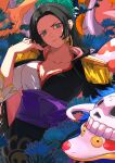  absurdres amazon_warrior black_hair boa_hancock breasts dress earrings epaulettes highres jewelry large_breasts multicolored_background mygiorni one_piece skull snake snake_earrings 