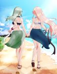  2girls ass beach berukuto_(berukuto_47) bikini black_bikini black_ribbon blue_sarong blue_sky cloud commentary_request day from_behind full_body green_sarong grey_hair hair_down highres horizon kantai_collection multiple_girls ocean outdoors pink_hair ribbon sandals sarong side-tie_bikini_bottom sky swimsuit white_bikini white_ribbon yura_(kancolle) yuubari_(kancolle) 