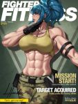  1girl abs armband black_gloves blue_eyes blue_hair camouflage camouflage_pants cover english_text gloves highres leona_heidern magazine_cover mootium muscular muscular_female pants ponytail sports_bra the_king_of_fighters toned veins 