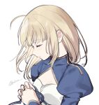  1girl ahoge artoria_pendragon_(fate) blonde_hair braid breasts cleavage_cutout closed_eyes closed_mouth clothing_cutout commentary dress fate/stay_night fate_(series) hair_ribbon long_sleeves medium_breasts nozawa_noko own_hands_together ribbon saber solo white_background 