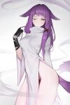  1girl animal_ears black_gloves breasts character_request covered_navel cowboy_shot dress fingerless_gloves fox_ears fox_tail gloves highres league_of_legends long_hair long_sleeves looking_at_viewer medium_breasts ness_(pjw0168) one_eye_closed original parted_lips pelvic_curtain purple_hair side_slit sidelocks solo standing tail thighs turtleneck very_long_hair yellow_eyes 