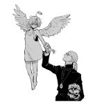  2boys aged_down angel angel_wings bare_shoulders black_nails black_shirt blonde_hair daybit_sem_void fate/grand_order fate_(series) hair_over_one_eye halo holding holding_another&#039;s_wrist holding_skull jewelry long_hair long_sleeves looking_at_another male_child medallion multiple_boys nail_polish necklace nobicco ponytail profile shirt short_hair simple_background skull sleeveless sunglasses tezcatlipoca_(fate) white_background wings 