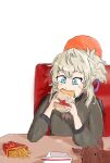  absurdres blonde_hair blood blue_eyes bow burger chair deer eating food french_fries green_jacket highres jacket jewelry lounge_chair mother_(yoru_mac) non-web_source pinne_(nikke) purple_bow ronald_mcdonald table yoru_mac 