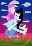  absurd_res adventure_time bisexual black_hair blue_overalls boots breast_smother breast_smothering breasts bubble_gum candy cartoon_network clothed clothing cloud dessert duo female female/female food food_creature footwear gradient_background gradient_sky grass green_clothing green_shirt green_topwear grey_body grey_skin hair hair_bun hi_res humanoid living_candy male marceline_abadeer moopsart overalls pink_body pink_clothing pink_hair pink_shirt pink_skin pink_topwear plant princess_bubblegum shirt simple_background slippers smothering smug_face socks topwear tree vampire 