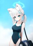  1girl animal_ear_fluff animal_ears arms_behind_back bag black_one-piece_swimsuit blue_archive blue_eyes blue_sky breasts cloud competition_swimsuit covered_navel cowboy_shot cross_hair_ornament extra_ears grey_hair hair_ornament halo highres hwaryeok looking_at_viewer low_ponytail medium_breasts medium_hair mismatched_pupils multicolored_clothes multicolored_swimsuit official_alternate_costume one-piece_swimsuit shiroko_(blue_archive) shiroko_(swimsuit)_(blue_archive) sky solo standing swimsuit wolf_ears 