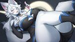  anthro blue_eyes blush breasts canid canine claws clothed clothing female finger_claws fur hair hi_res looking_at_viewer mammal pawpads solo suurin_2 white_body white_fur white_hair 