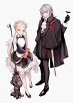  1boy 1girl abigail_williams_(fate) abigail_williams_(festival_outfit)_(fate) antonio_salieri_(fate) antonio_salieri_(masquerade_of_the_vampire)_(fate) antonio_salieri_(second_ascension)_(fate) ascot black_coat black_dress black_footwear black_pants blonde_hair blue_eyes blush butterfly_hair_ornament candy coat dress earrings fate/grand_order fate_(series) food formal full_body grey_hair hair_ornament hair_over_one_eye highres holding holding_candy holding_food jewelry key looking_at_viewer pants parted_bangs red_eyes simple_background sleeves_past_fingers sleeves_past_wrists smile stuffed_animal stuffed_toy suit sumi_(gfgf_045) teddy_bear tentacles tongue tongue_out two-tone_dress white_background white_dress 
