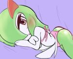  anthro blush bra butt clothed clothing digital_media_(artwork) dizzytizzy dress female generation_3_pokemon green_body green_hair green_skin hair hi_res humanoid kirlia looking_at_viewer lying nintendo not_furry on_front open_mouth panties pinup pokemon pokemon_(species) pose simple_background solo swimwear underwear white_body white_skin young 