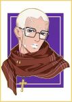  1boy bespectacled buzz_cut cross cross_necklace dark-skinned_male dark_skin enrico_pucci glasses jewelry jojo_no_kimyou_na_bouken male_focus necklace portrait scarf short_hair solo stone_ocean very_short_hair white_hair xxun 