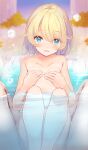  1boy 1girl ahoge bath bathing bathtub blonde_hair blue_eyes blush breasts collarbone commentary completely_nude covering covering_breasts covering_nipples embarrassed esia_mariveninne eyes_visible_through_hair highres komone_ushio looking_at_viewer mixed_bathing navel nude nude_cover open_mouth original paid_reward_available partially_submerged pov shared_bathing short_hair sitting small_breasts swept_bangs water wet 