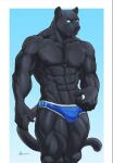  blue_background bulge clothing eye_contact felid feline felis looking_at_another male mammal muscular muscular_male simple_background solo underwear unknown_artist 
