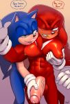  abs anthro anthro_on_anthro balls blue_body bodily_fluids dialogue duo echidna english_text eulipotyphlan genital_fluids genitals hedgehog hi_res huge_pecs knuckles_the_echidna krazyelf male male/male mammal monotreme navel nipples nude penis precum red_body sega smile sonic_the_hedgehog sonic_the_hedgehog_(series) text tongue tongue_out 