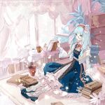  1girl animal_ears aqua_hair arknights bear_ears bird blue_dress blue_footwear book book_stack closed_mouth curtains dress expressionless flower frilled_dress frills full_body green_eyes hair_flower hair_ornament hairband highres holding holding_book indoors istina_(arknights) istina_(bibliosmia)_(arknights) leaf lips long_hair long_sleeves looking_at_viewer monocle neckerchief official_alternate_costume open_window procreate_(medium) red_hairband red_neckerchief shirt shoes simisimi sitting socks solo white_flower white_shirt white_socks window 
