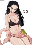  1girl absurdres aqua_eyes artist_name black_bra black_hair bra breasts cleavage collarbone elpipe_3000 english_commentary extra_arms floral_print forehead highres large_breasts long_hair looking_at_viewer meme navel nico_robin one_piece open_mouth panties panty_peek pink_sarong print_sarong sarong simple_background sitting solo stomach strap_gap twitter_strip_game_(meme) underwear white_background 